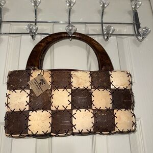 New with Tags Handcrafted Brown and Cream Coconut Checkered Women's Bag